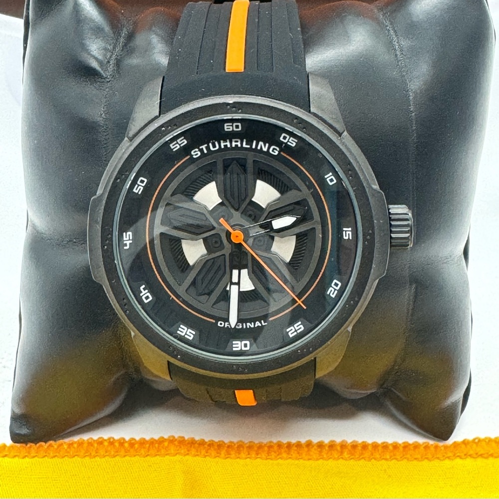 Stuhrling Original 984 05 Aviator Quartz Black Orange Silicone Strap Mens Watch